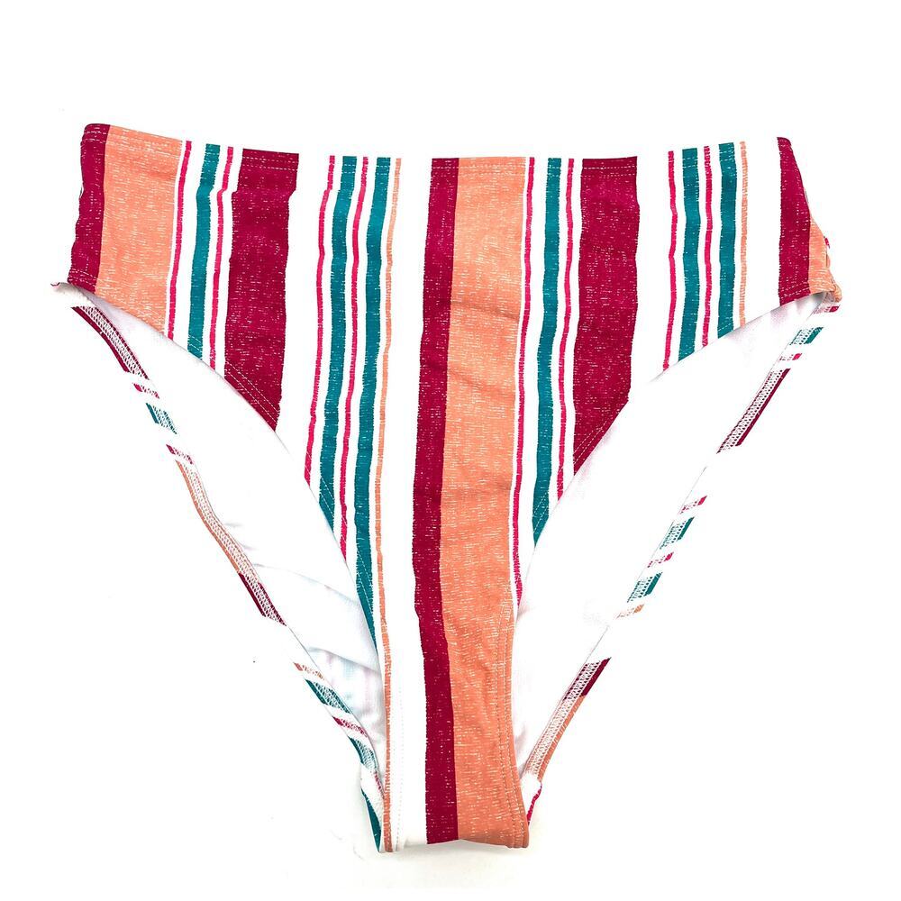 Roxy Women's Striped Pink Green High Waist Swim Bikini Bottoms XS NEW
